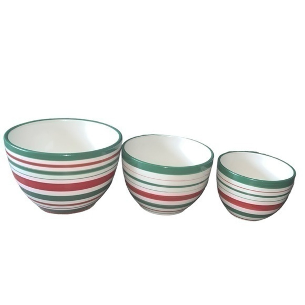 3pc Candy Cane Ceramic small nested mixing bowls Christmas/Holidays Wint…